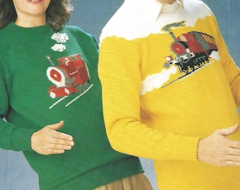 Vintage 80s KNITTING PATTERN knit sweater puffing train intarsia funny womens mens pullover railway wool jumper tutorial 4ply weight yarn