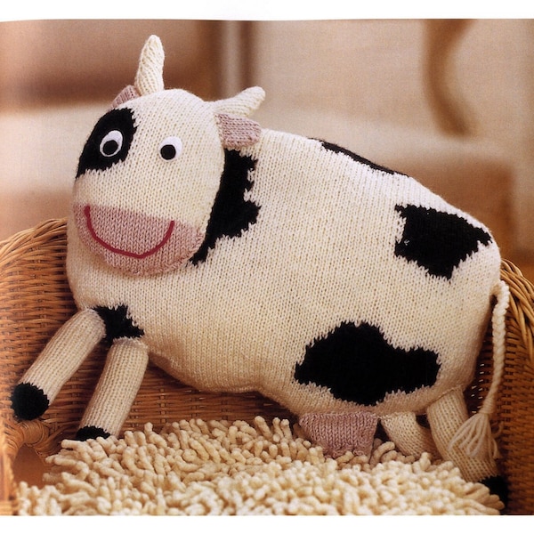 Cow cushion KNITTING PATTERN pdf instant download knit kids toy baby girl pillow children tutorial aran 8 ply worsted weight yarn 3.75 mm