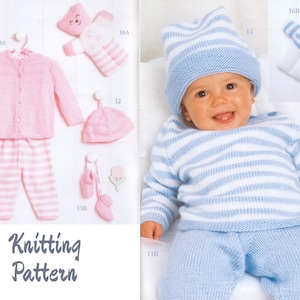 10 KNITTING PATTERNS PDF Baby knit set hat pants sweater bootees teddy bear toy raglan sleeve yoke cardigan jacket garter stitch pullover