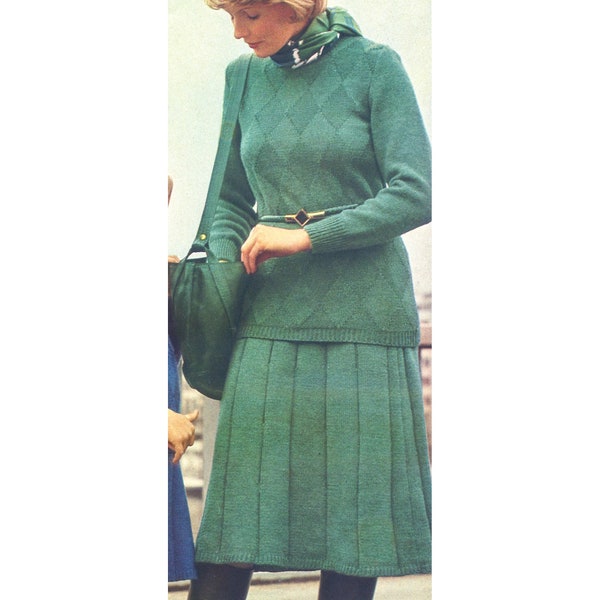 Vintage Knitting Pattern matching set womans crew neck pullover pleated skirt pdf instant download 5 ply sport 12 wpi yarn diamond sweater