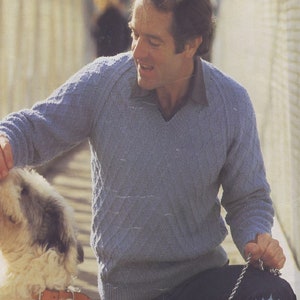 KNITTING PATTERN PDF mens raglan sweater knit v neck pullover diamonds jumper winter clothing patons 8 ply dk double knitting wool yarn