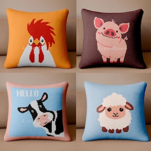 Set of 4 Knitting Patterns - Knit Pillow Covers - Farm Animals Intarsia Motifs - square cushion covers 45 cm (18 in) - DK yarn