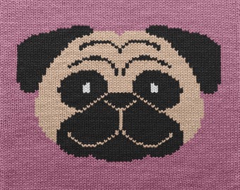 Pug Dog Knitting Chart - PDF digital download - intarsia colorwork motif graph and written instruction for kid sweaters, hats, scarves