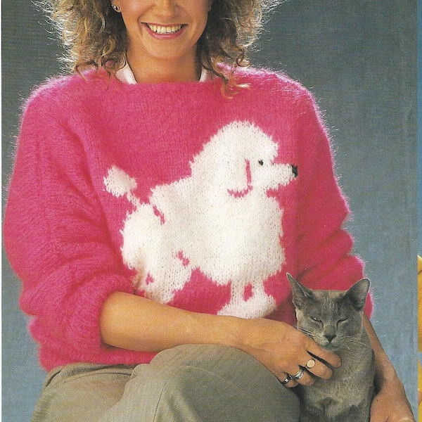Vintage 80s KNITTING PATTERN knit mohair sweater intarsia funny womens pullover toy poodle dog jumper pet caniche easy to knit tutorial