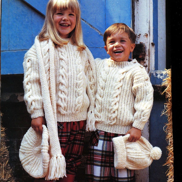 4 motifs à tricoter enfants aran pull béret bonnet écharpe enfant torsadé bonnet d'hiver pull en tricot filles garçons bonnet aiguille 4-5 mm vintage