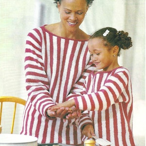 Vintage KNITTING PATTERN PDF mother daughter matching sweaters vertical striped pullover womens girls cotton boat neck easy quick to made