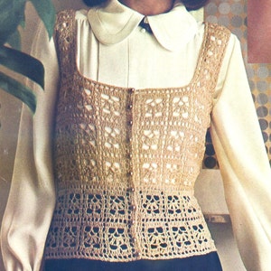 Vintage CROCHET PATTERN PDF tutorial lace bolero & long drop earrings woman retro tank top summer glittery lurex light 3 ply perl buttons