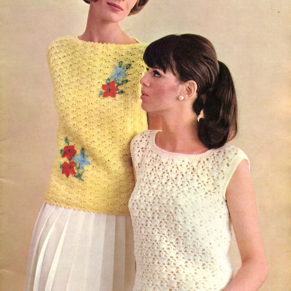 Vintage 60s CROCHET PATTERN PDF download knit woman vests summer shell stitch top slipover tee boat neck t shirt square embroidered 10 ply