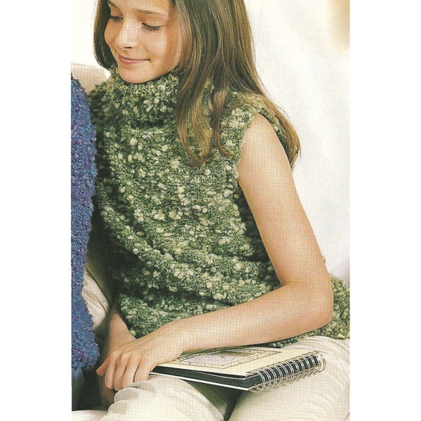 Vintage KNITTING PATTERN PDF download sleeveless turtleneck pullover boucle teens sweater women girls aran easy fast knit 4 ply 6 mm needles