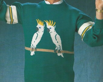 Knit sweater cockatoo parrot bird KNITTING PATTERN intarsia diagram mens  winter pullover round crew neck jumper PDF download digital ply