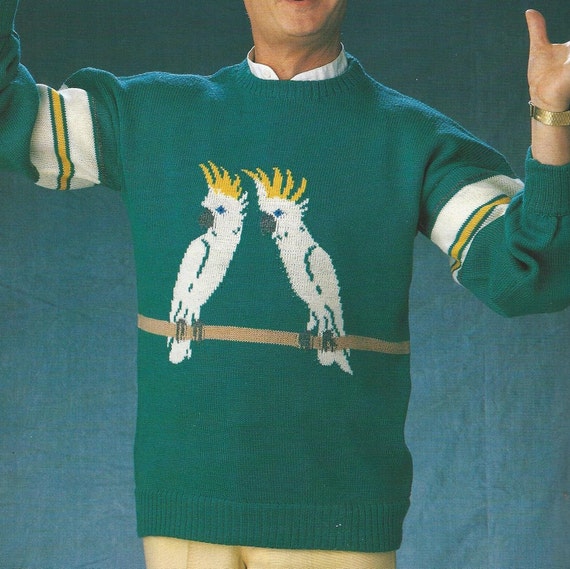 Knit sweater cockatoo parrot bird KNITTING PATTERN intarsia diagram mens  winter pullover round crew neck jumper PDF download digital ply