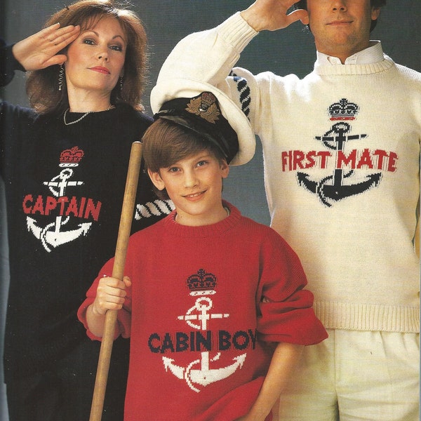 Vintage 80s KNITTING PATTERN knit sweater intarsia scheme sea anchor captain cabin boy first mate men pullover funny jumper download digital