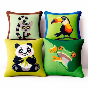 Tropical Pillow Collection - bundle of 4 Knitting Patterns - square cushion covers 45 cm (18 in) - lemur, toucan, panda and frog
