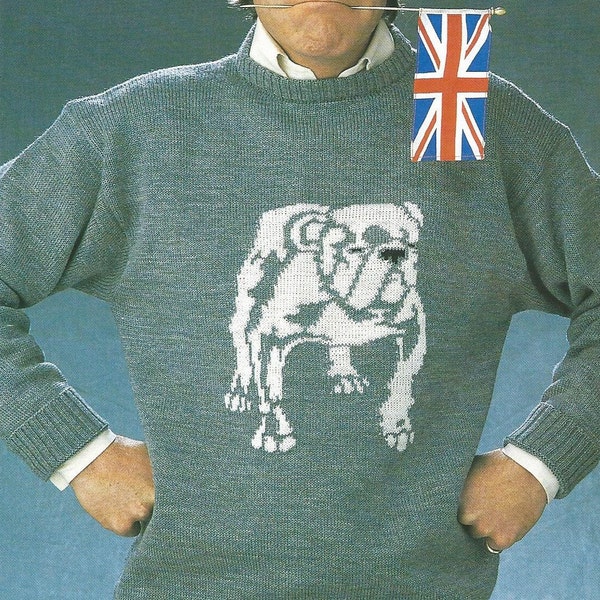 Knit sweater bulldog dog PDF KNITTING PATTERN intarsia diagram men winter pullover round crew neck jumper wool 4 ply boost 34,36,38,40,42 in