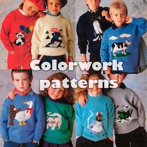 10 modèles de tricot, pulls en tricot pour enfants, livret vintage des années 80 de Patons PDF Intarsia Colorwork enfants pulls pulls garçons et filles