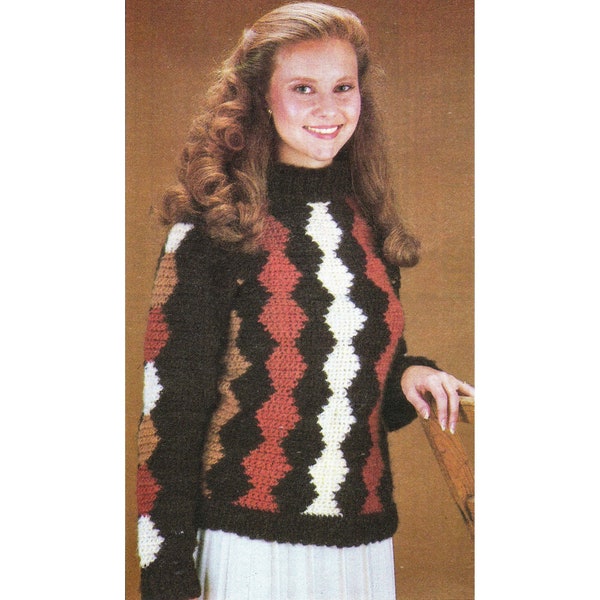 Vintage CROCHET PATTERN 80s pdf tutorial woman pullover zigzag sweater instant download turtle neck winter jumper teen girl single crochet