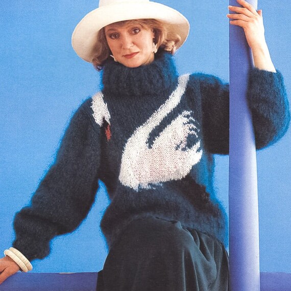 Knit Funny Mohair Sweater PDF KNITTING PATTERN 80s Intarsia Swan 