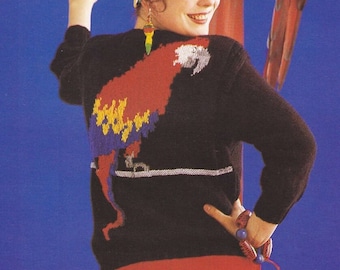 Knit funny sweater PDF KNITTING PATTERN 80s intarsia parrot scarlet macaw bird women knit vintage pullover jumper wool double dk 8 ply yarn