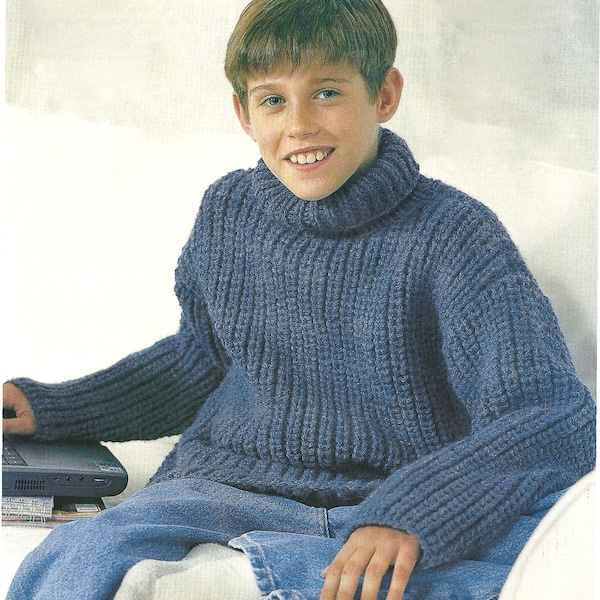 Vintage PDF KNITTING PATTERN childs chunky pullover super bulky turtleneck sweater teen boy knit high neck back to school 6.5 & 8 mm needles