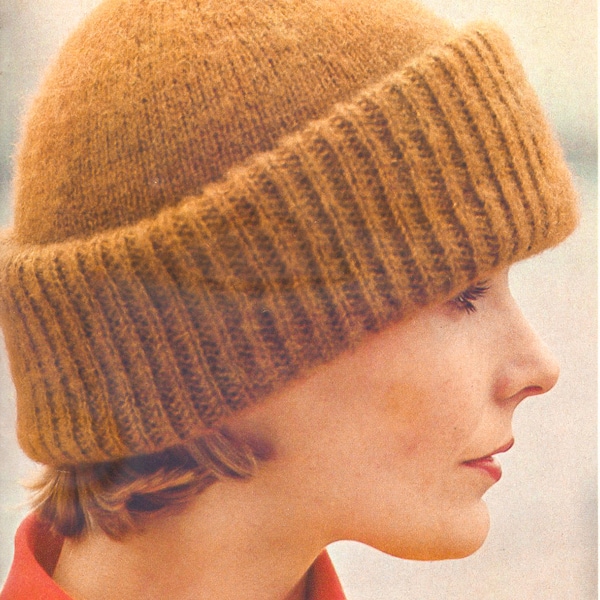 Cuffed beanie hat KNITTING PATTERN pdf tutorial instant download knit womans cap winter rib cuff mohair yarn 8 ply light worsted double dk