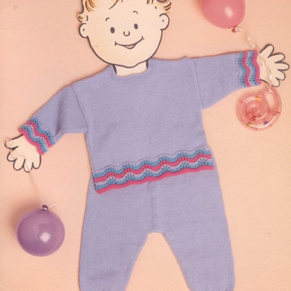 Vintage KNITTING PATTERN PDF instant download Baby jumper pullover with patterned borders matching pants sweater boy girl knit tutorial