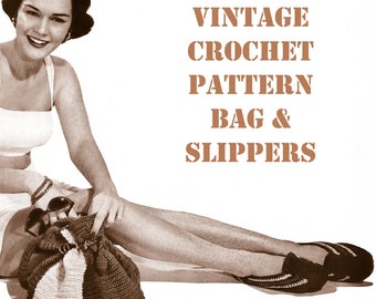 vintage des années 40 MOTIF AU CROCHET PDF tutoriel femme sac de plage et chaussons sac à main moyen antique accessoire chaussures de plage fil à crocheter taille 10