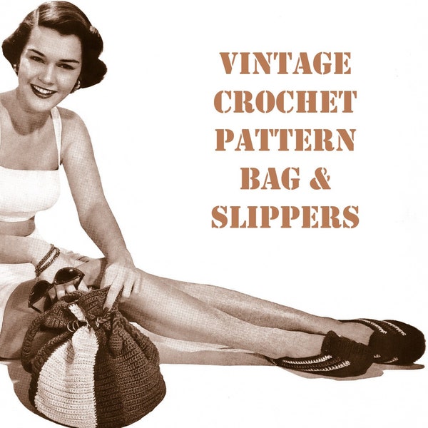 Vintage 40s CROCHET PATTERN PDF tutorial woman beach bag & slippers hand bag medium antique accessory beach shoes crochetting thread size 10