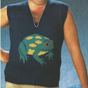 Knit vest KNITTING PATTERN waistcoat man intarsia vest funny frog short sleeve mens sweater toad pullover froggy jumper slipover download