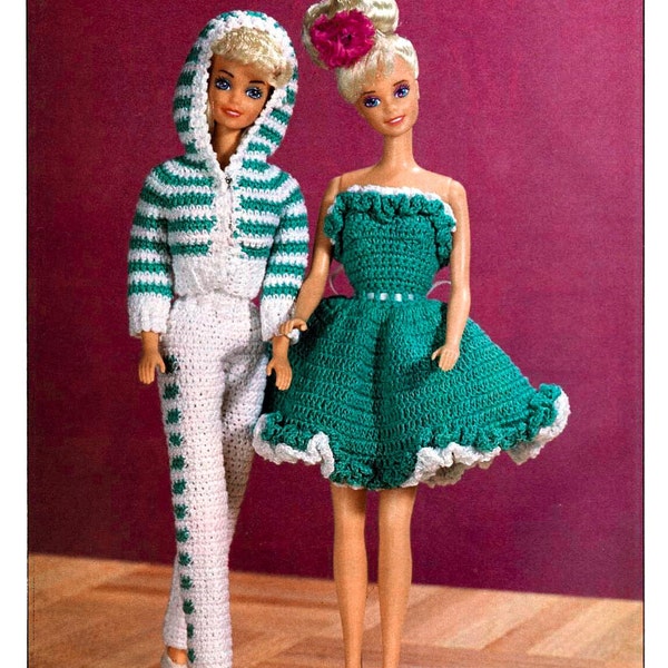2 crochet patterns Barbie doll knit clothes Snappy pantsuit Ruffled sleeveless dress Striped Jacket trousers sundress sweatshirt hoodie 90s