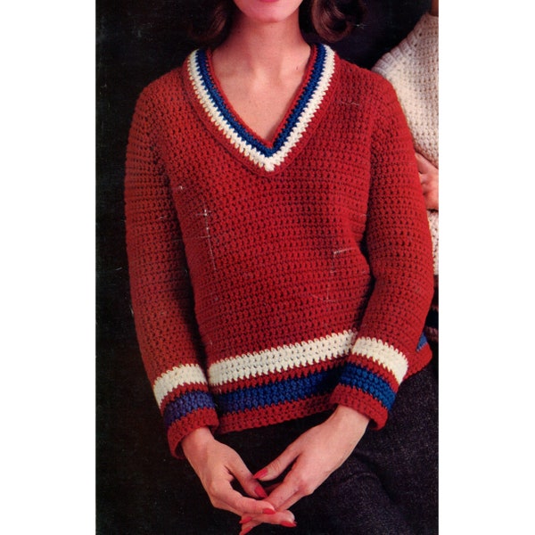 Womens raglan v-neck pullover Vintage 60s CROCHET PATTERN PDF download striped retro fashion sweater worsted afghan yarn 10 ply hook size K