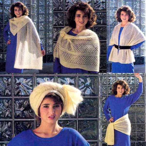 Knit women lace shawl PDF KNITTING PATTERN Vintage 80s mohair diagonal stole shetland shoulder cover up wrap wedding scarf digital tutorial