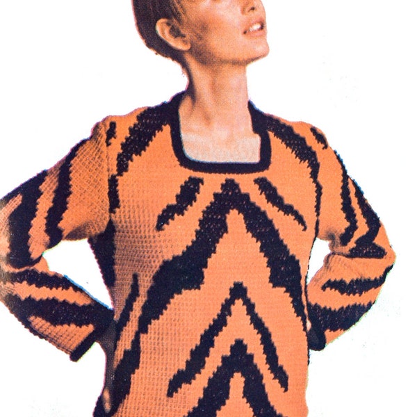 Womens tiger pullover Vintage CROCHET PATTERN PDF funny sweater retro fashion 70s stripes wool jumper tunic hook size J worsted 10 ply yarn
