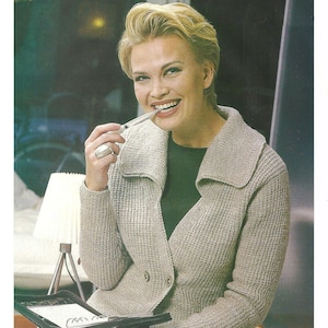 Knit collar cardigan Vintage KNITTING PATTERN PDF woman button sweater 8 ply dk yarn 3.5 mm needles winter jacket fall v neck jumper wool