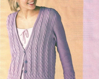 Knit v-neck cabled jacket Vintage KNITTING PATTERN PDF cardigan womens jumper tutorial dk 8 ply merino yarn 4 mm needles aran wool cardigan