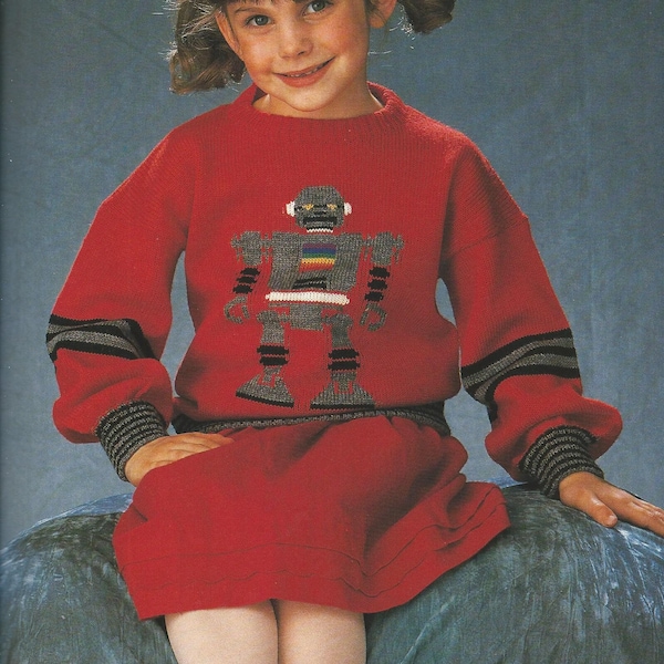 Schéma de robot en intarsia pull en tricot vintage des années 80 MOTIF de tricot pour enfants pull drôle pour enfants PDF téléchargement numérique 4 épaisseurs de fil