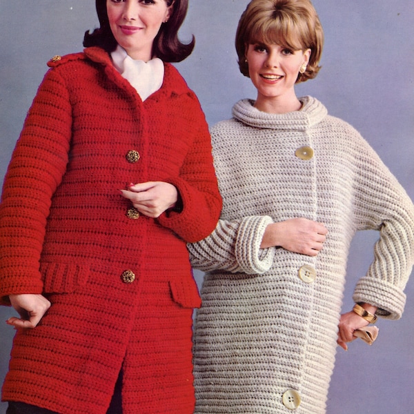 2 Crochet Patterns PDF woman coachmans coat dolman long coat yarn sport 5ply, bulky chunky 12 ply hook size J H Vintage 60s digital download