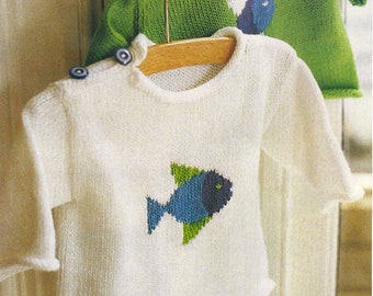 Vintage PDF KNITTING PATTERN baby intarsia fish motif pullover cotton stokinette stitch knit sweater kids 3 6 9 12 18 24 months 5 ply 3.5 mm