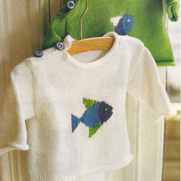 Vintage PDF KNITTING PATTERN baby intarsia fish motif pullover cotton stokinette stitch knit sweater kids 3 6 9 12 18 24 months 5 ply 3.5 mm