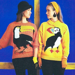 2 suéteres divertidos de punto PDF PATRÓN DE TEJIDO 80s intarsia Toco Toucan Dolman manga Common Puffin Bird mujeres punto jersey jersey lana estambre
