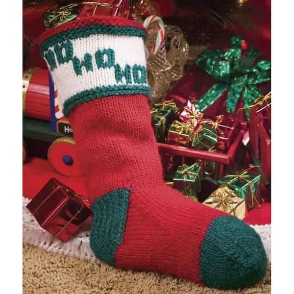 MODELLO DI LAVORO A MAGLIA vintage calza di Natale ho ho ho maglia camino decorazioni regalo di famiglia Natale filato di peso medio aghi circolari da 5,5 mm