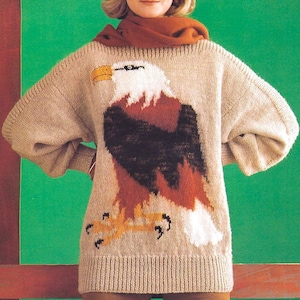Lustiger Adler-Pullover stricken, PDF-Strickmuster, 80er-Jahre-Intarsien-Vogel-Damen-Strickpullover, U-Boot-Ausschnitt, Wolle, Sirdar Sovereign Dk Aran, 10-lagig