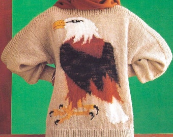 Knit funny eagle sweater PDF KNITTING PATTERN 80s intarsia bird women knit pullover boat neck jumper wool sirdar sovereign dk aran 10 ply