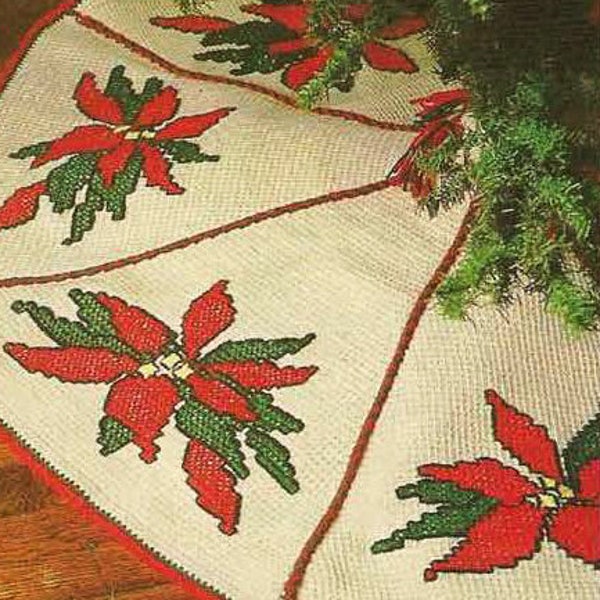 2 Christmas tree skirts crochet pattern cross stitched afghan stitch Pointsettia motif Xmas vintage 80s instructions PDF digital download