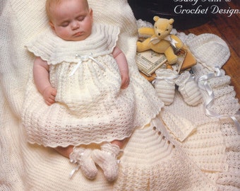 Set of 6 Vintage CROCHET PATTERN Baby layette dress jacket bonnet hat bootees mittens little girl 3 ply fingering wool yarn hook 3 mm n10-11