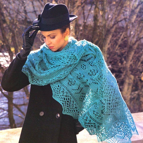 Knit women lace shawl Vintage 80s KNITTING PATTERN oval long faroese shoulder cover up wrap-around wedding shetland scarf digital tutorial