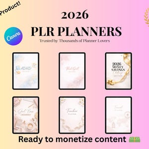 Könnte beinhalten: Werbung für 2026 PLR-Planer mit dem Text „Trendprodukt!“ und „Bestseller“. Das Bild zeigt sechs digitale Planer mit Titeln wie „ADHS“, „That Girl“ und „Money Savings Challenge“. Das Canva-Logo ist sichtbar.