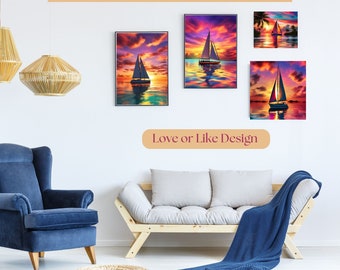 A sailboat cruising through sunset, Wall art Set 4, Digital Download, Printable Wall Art, Digital Portrait, Digital Print, Wall Art Prints