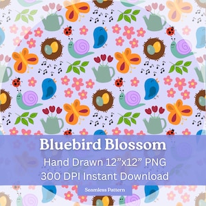 Sömlöst mönster med blåfågelblommor: Handritad vårblomma i PNG (digital nedladdning)