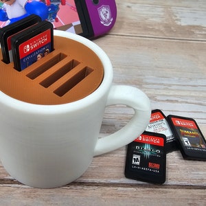 Mini Coffee Mug with 5-Slot Switch Game Holder for Video Game Cartridges