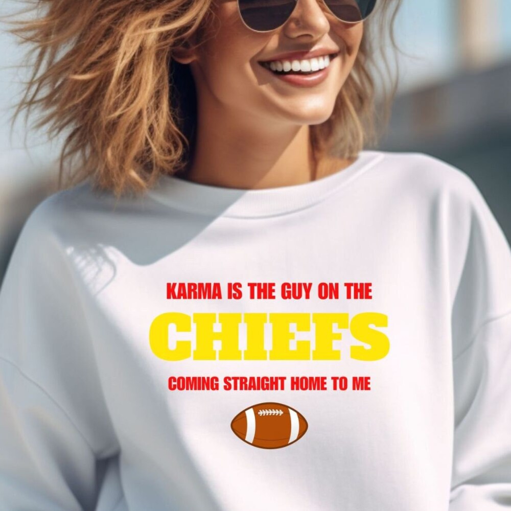 Karma Is They Guy On The Chiefs Sweater, Taylor Swift Sweater, Travis Kelce Sweater, Taylor And Travis Shirt, Nfl Shirt, Kansas City Chiefs Fashion24Hs